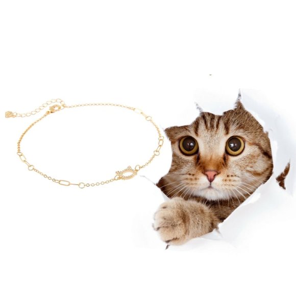 Cat Gold Tone Anklet With Cubic Zirconia 9" - Picture 2 of 6